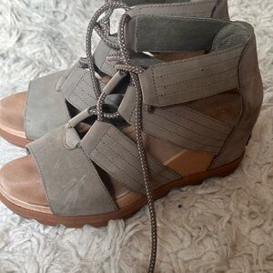 Sorel Gray and Tan Wedge Sandals